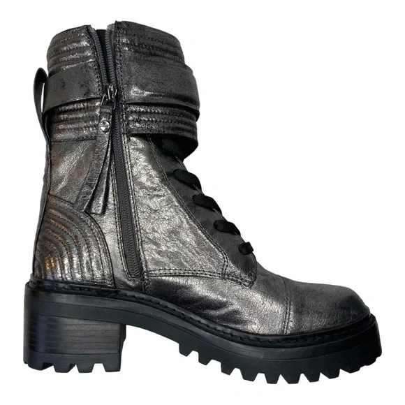 DKNY Women's Gunmetal Leather Buckled Quilted Block-Heel Combat Boots Size 6 NWT